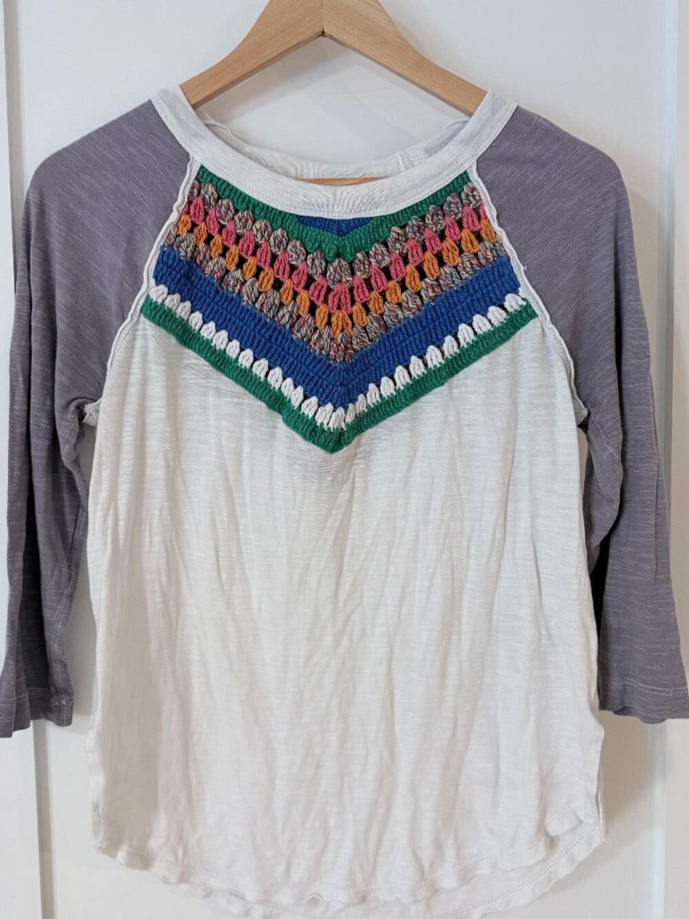 Free People We The Free Crochet Yoke Raglan Top Small Boho 3/4 Sleeve